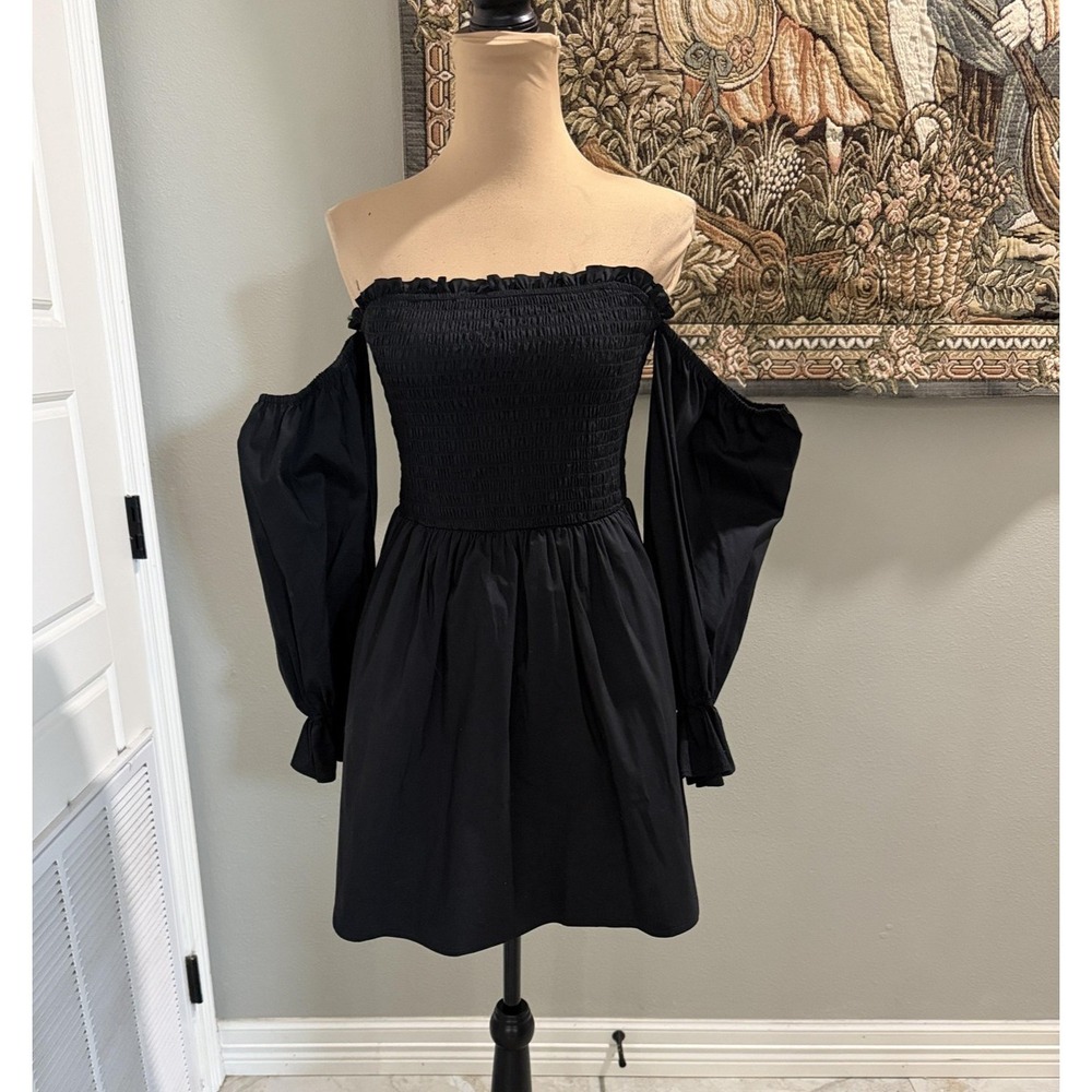 New York & Company Dress Womens Small Black Off Shoulder Smocked Puff Sleeve‎